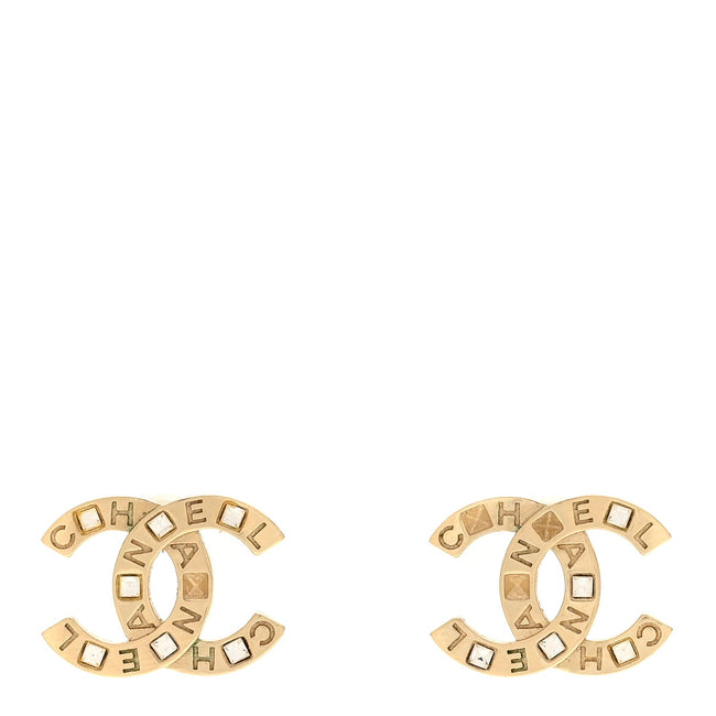 Crystal Metal CC Paris Button Stud Earrings Gold Hover Image