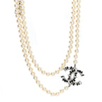 Pearl Bead Crystal CC Long Necklace White Silver Black
