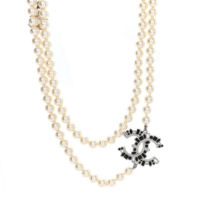 Pearl Bead Crystal CC Long Necklace White Silver Black Hover Image