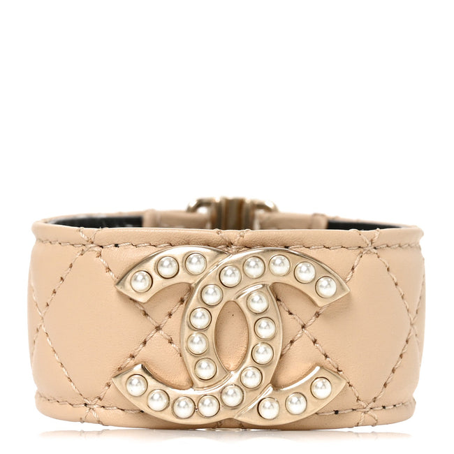 Lambskin Quilted Pearl CC Cuff Bracelet S Beige Hover Image