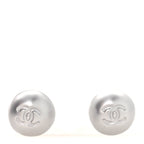 Resin Metal CC Stud Earrings Silver Pearly White