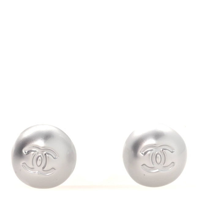 Resin Metal CC Stud Earrings Silver Pearly White Hover Image