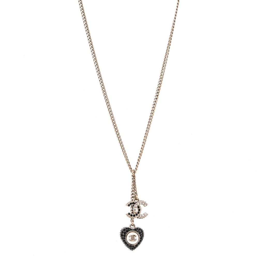 Crystal CC Heart Necklace Black Pearly White Gold