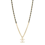 Lambskin Crystal CC Chain Pendant Necklace Black Gold