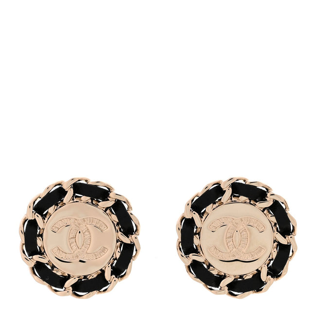 Crystal Lambskin Chain CC Stud Earrings Black Gold Hover Image