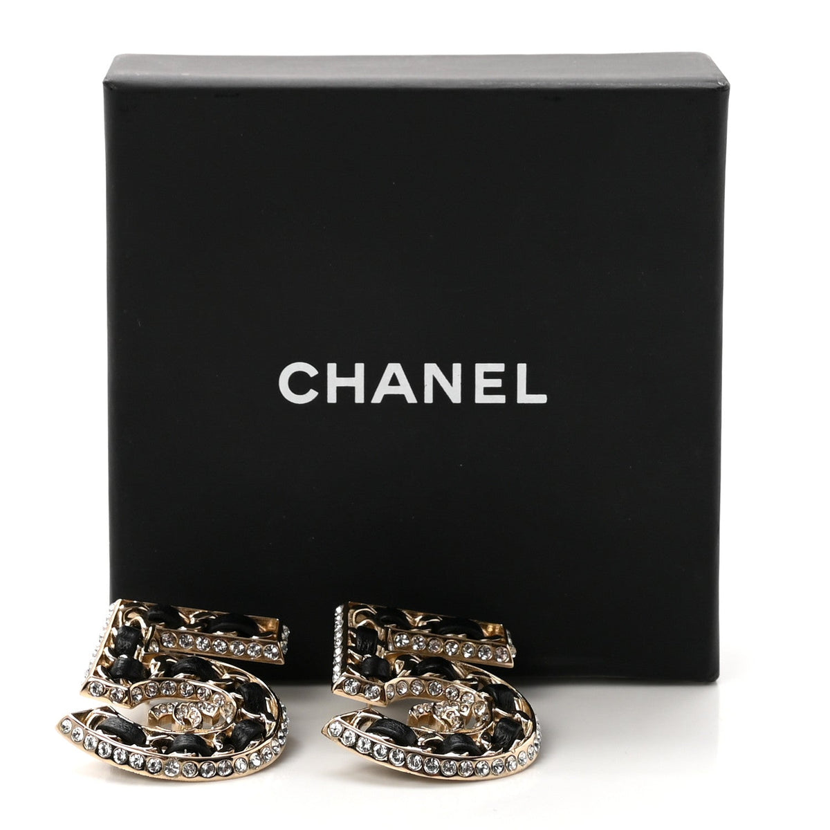 Crystal Lambskin Chain CC No 5 Earrings Gold Black