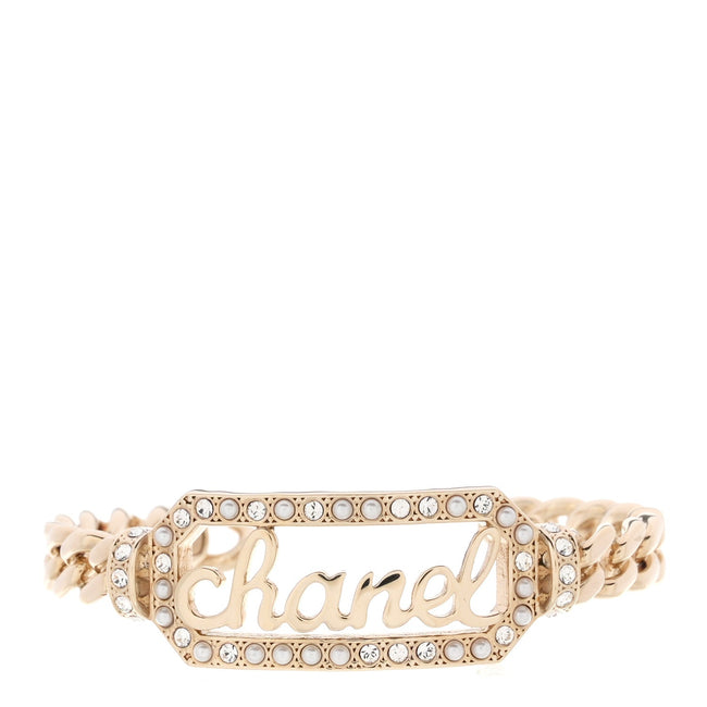 Crystal Pearl Logo Cuff Bracelet Gold Hover Image