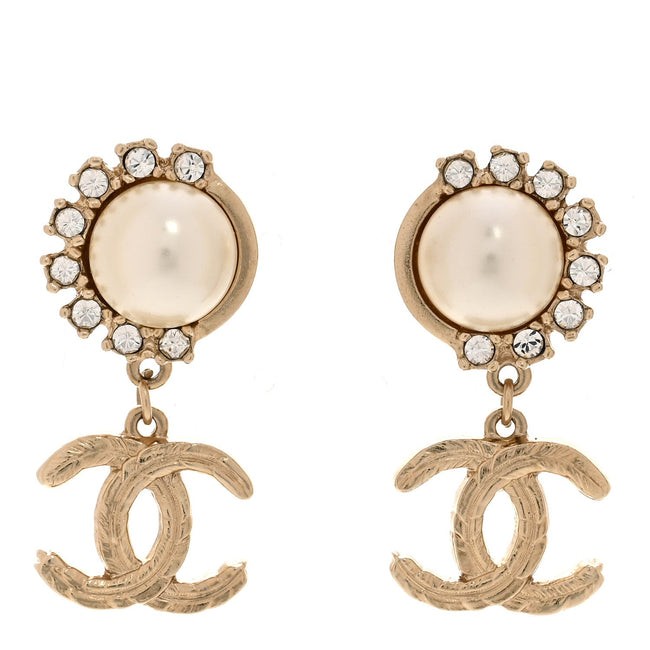 Metal Crystal Pearl CC Feather Earrings Gold Hover Image
