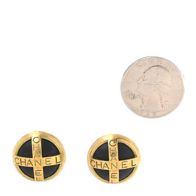 Enamel CC Logo Round Clip On Earrings Black Gold Main Image