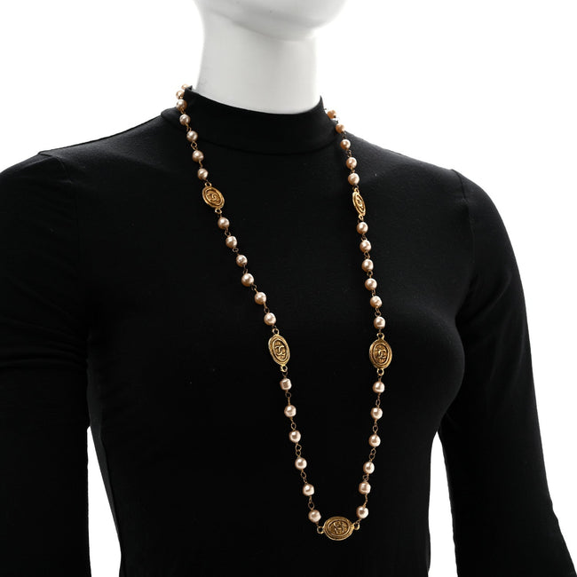 Pearl Medallion Long Necklace Gold Main Image