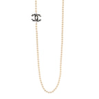 Pearl Crystal Lambskin CC Long Necklace Gold Black