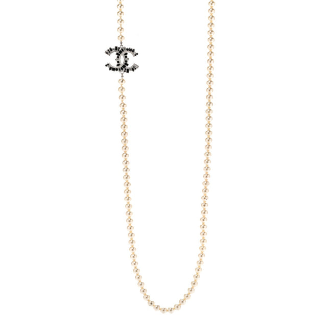Pearl Crystal Lambskin CC Long Necklace Gold Black Hover Image
