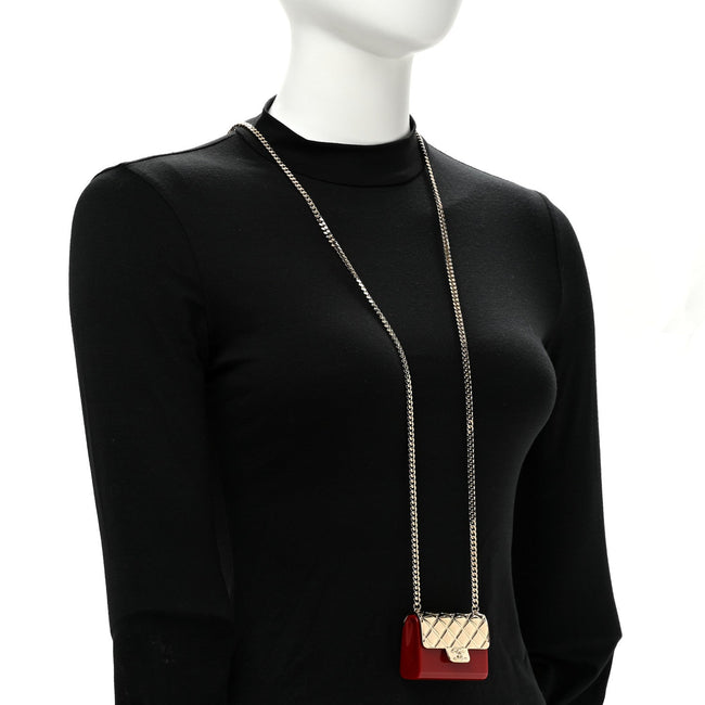 Metal Resin Flap Bag Long Necklace Gold Red Main Image