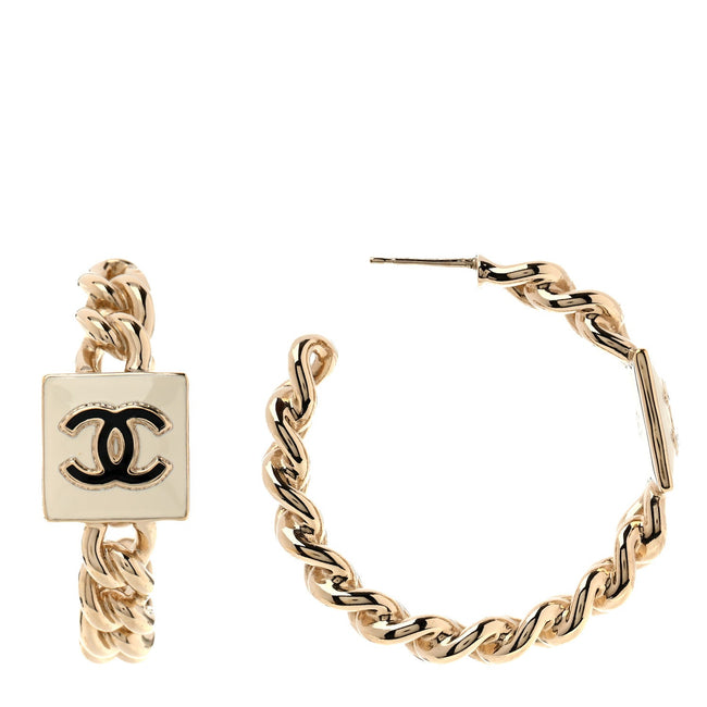 Metal Enamel CC Chain Hoop Earrings Gold Black White Gold Black Hover Image