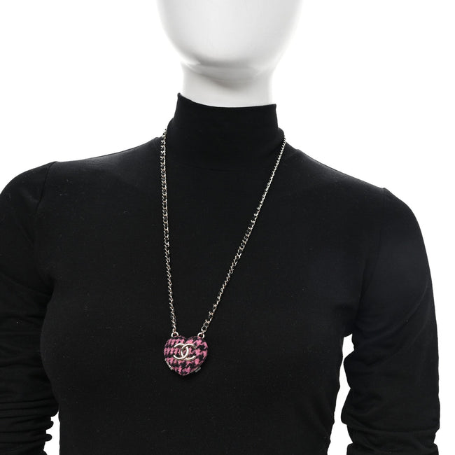 Tweed Lambskin CC Heart Locket Necklace  Gold Black Pink Main Image