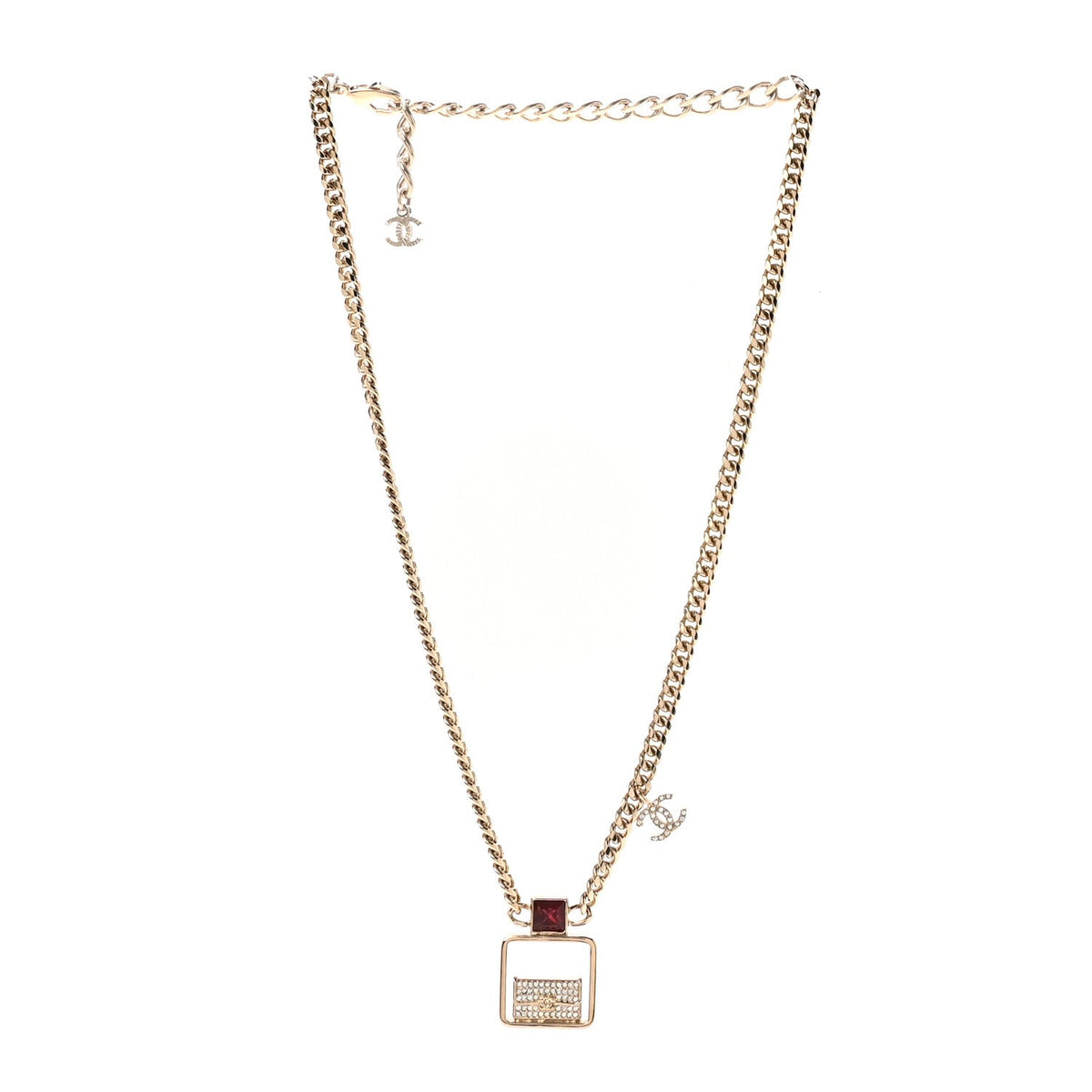 Metal Crystal Quilted Flap Bag Necklace Red Gold