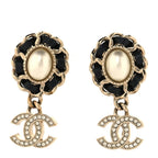 Pearl Lambskin Crystal CC Drop Earrings Gold White Black
