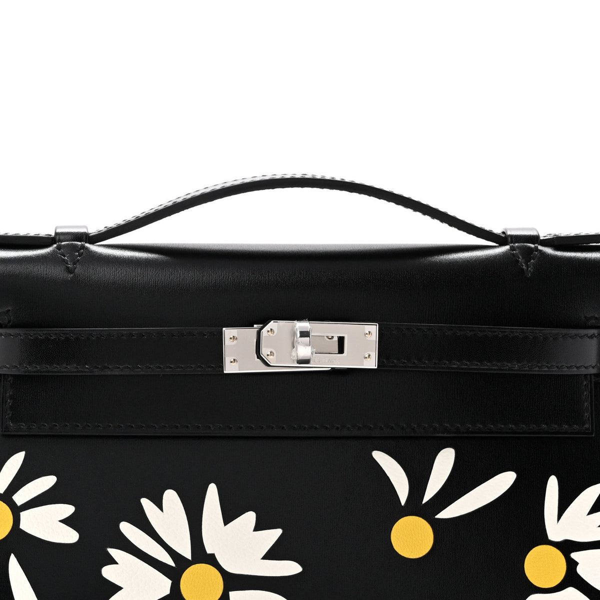 Box Marquetry Daisies Kelly Pochette Clutch Black White Jaune De Naples