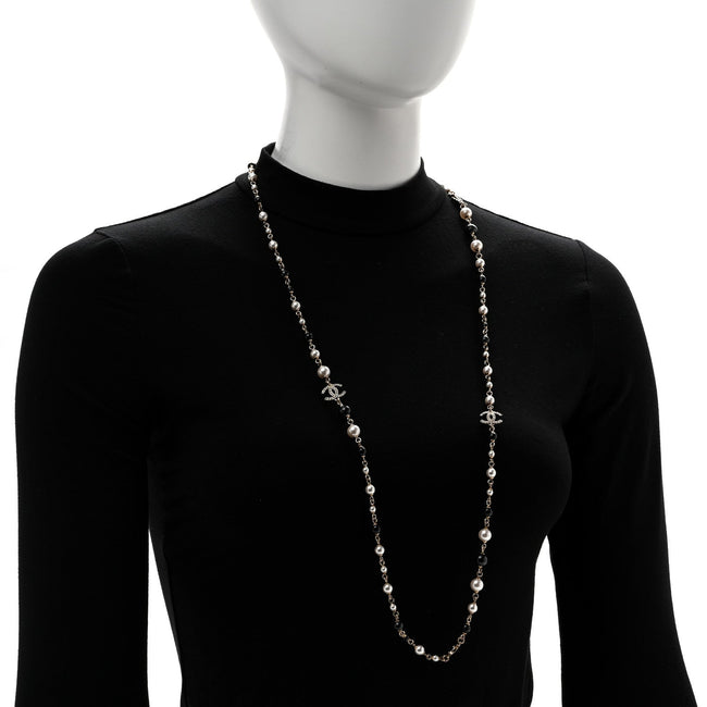 Pearl Bead Crystal CC Long Necklace Black Gold Main Image