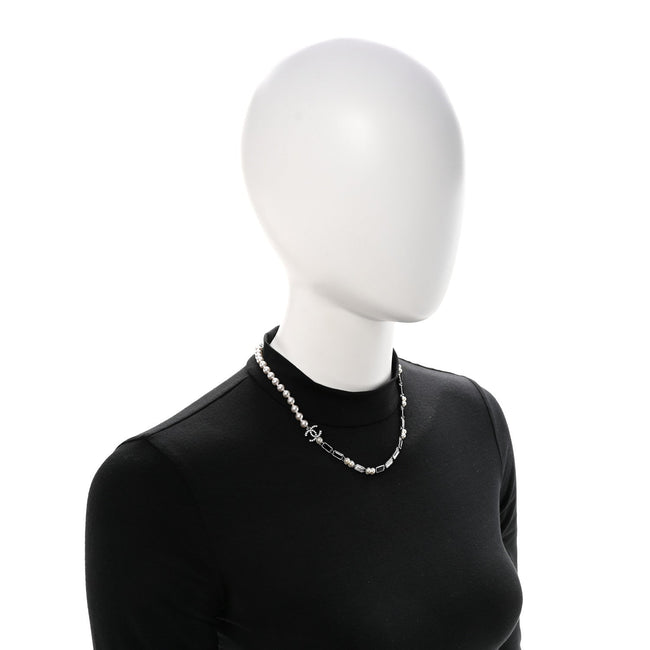 Pearl Baguette Crystal CC Choker Necklace Silver Black Main Image