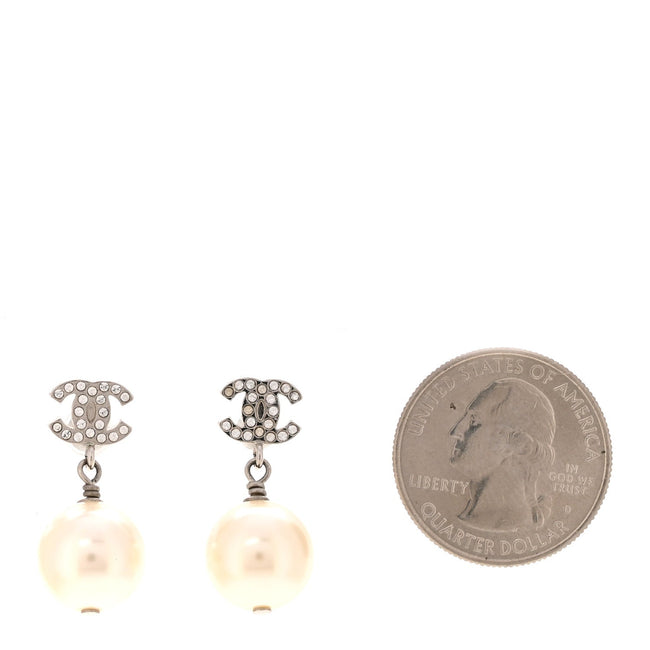 Crystal Pearl CC Drop Earrings Silver Pearly White Main Image