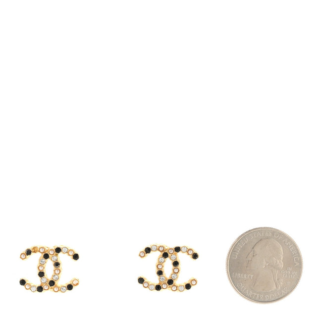 Resin Pearl Crystal CC Earrings Gold Black Main Image