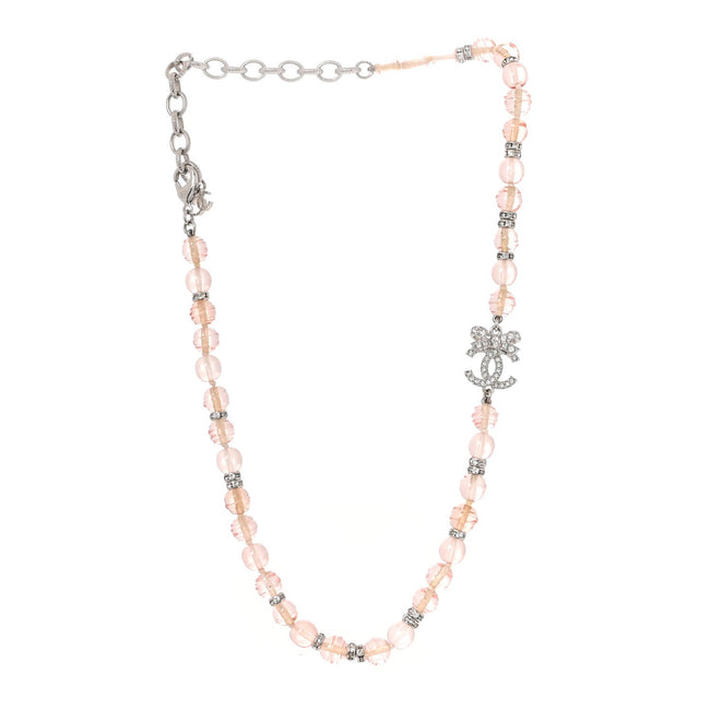 Metal Glass Strass Beaded CC Bow Necklace Silver Pink Hover Image