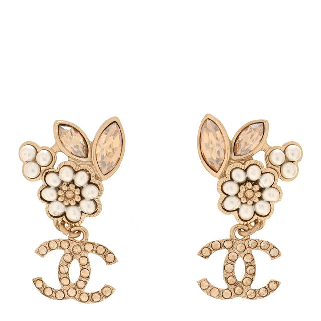 Pearl Crystal Drop CC Earrings Gold White Hover Image