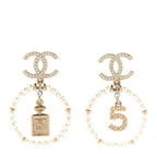 Crystal Pearl Chanel Charms CC Drop Earrings Gold