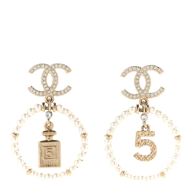 Crystal Pearl Chanel Charms CC Drop Earrings Gold Hover Image