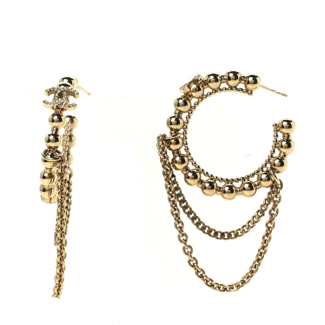 Metal Crystal Bead Chain CC Hoop Earrings Gold Main Image