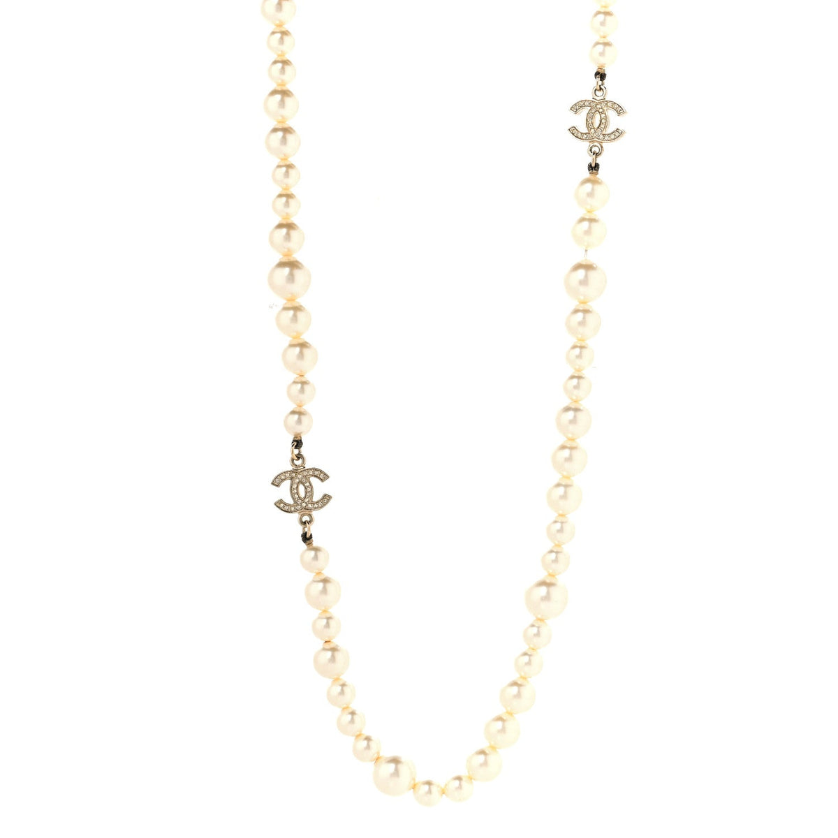 Crystal Pearl CC Long Necklace Gold