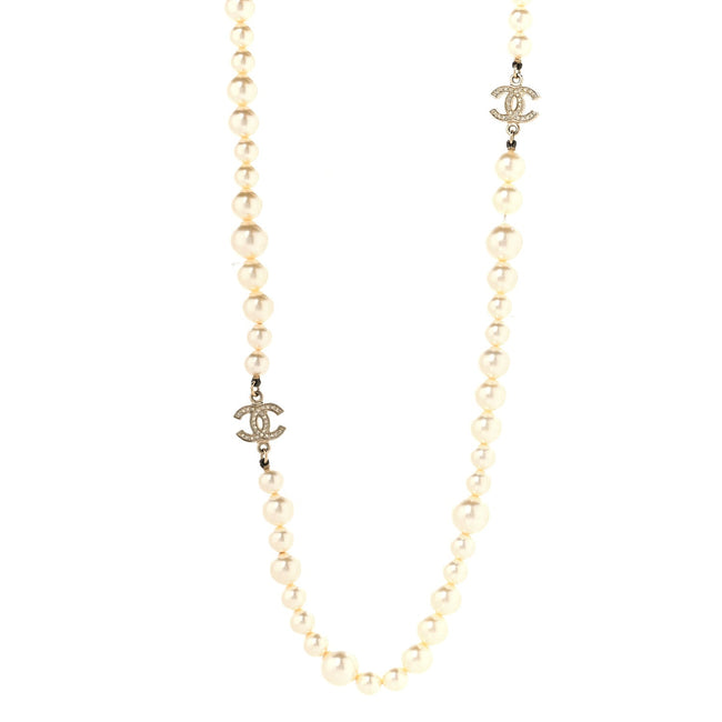 Crystal Pearl CC Long Necklace Gold Hover Image