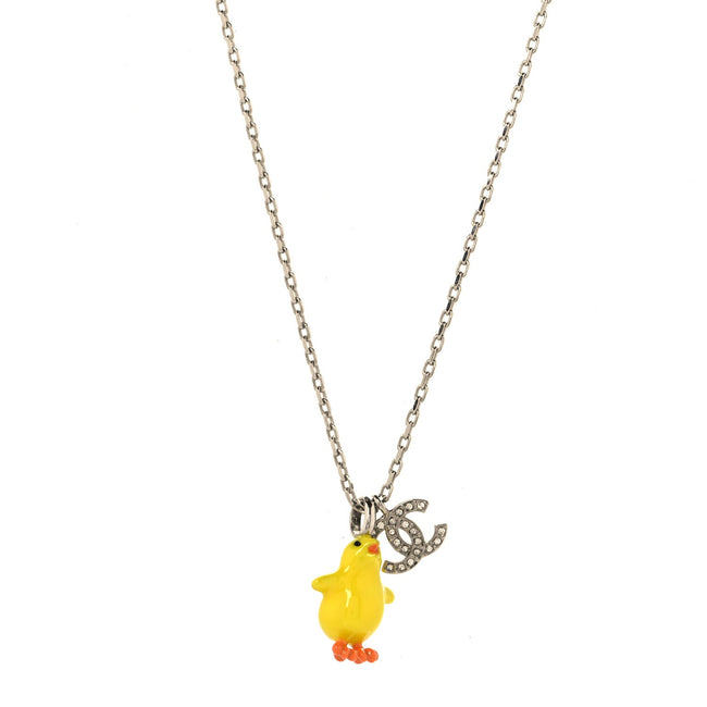 Metal Resin Strass Crystal CC Baby Chick Pendant Necklace Silver Yellow Orange Hover Image