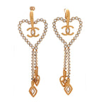 Metal Crystal CC Heart Chain Drop Clip On Earrings Gold