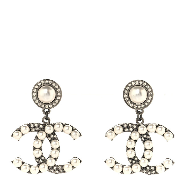 Pearl Crystal CC Drop Earrings Silver Hover Image