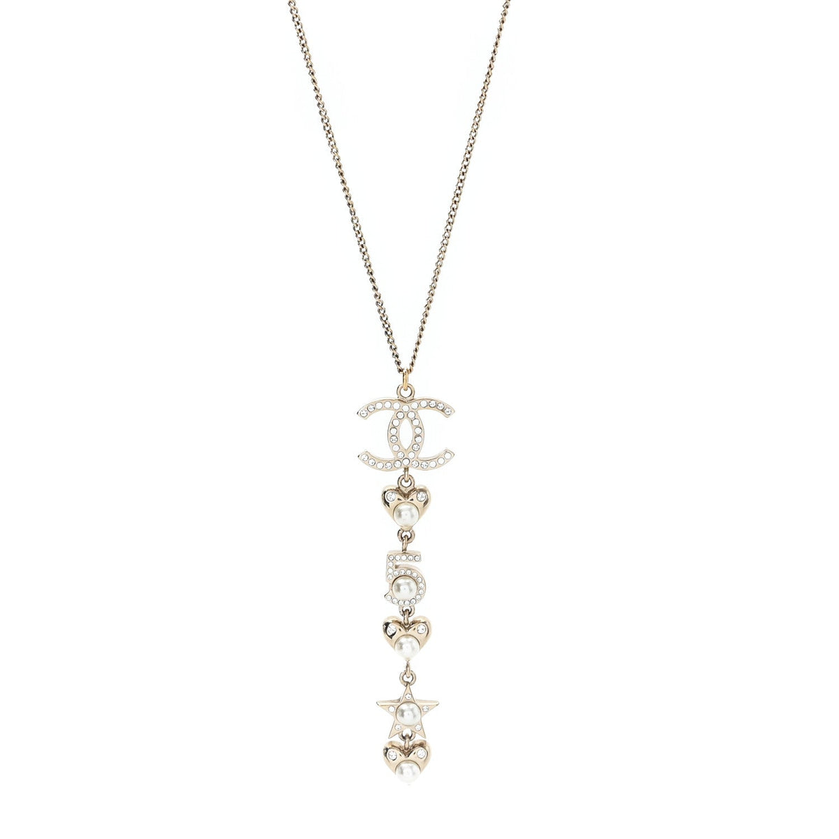 Pearl Crystal CC No 5 Heart Star Pendant Necklace Gold