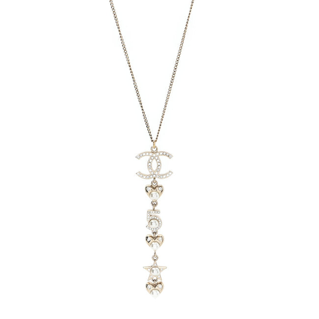 Pearl Crystal CC No 5 Heart Star Pendant Necklace Gold Hover Image