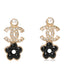 Crystal Pearl CC Flower Earrings Black Gold