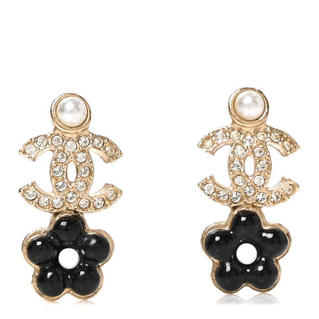 Crystal Pearl CC Flower Earrings Black Gold Hover Image