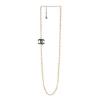 Pearl Crystal Lambskin CC Long Necklace Gold Black