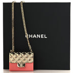 Metal Resin Lambskin Flap Bag Long Necklace Gold Pink