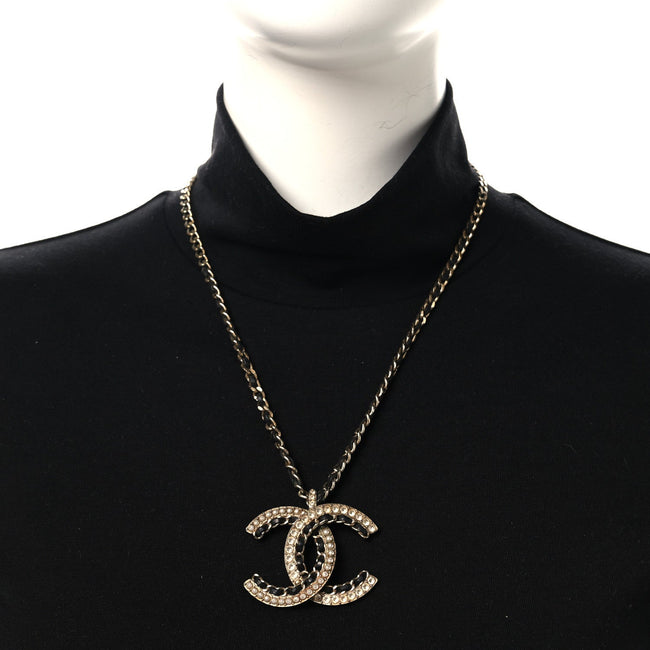 Metal Pearl Crystal Lambskin CC Chain Necklace Gold Black White Main Image