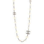 Graduated Pearl Crystal CC Long Necklace Silver