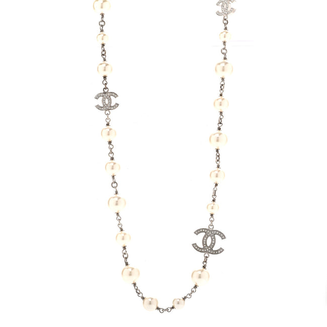 Graduated Pearl Crystal CC Long Necklace Silver Hover Image