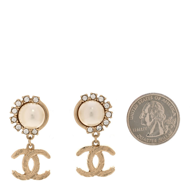 Metal Crystal Pearl CC Feather Earrings Gold Main Image