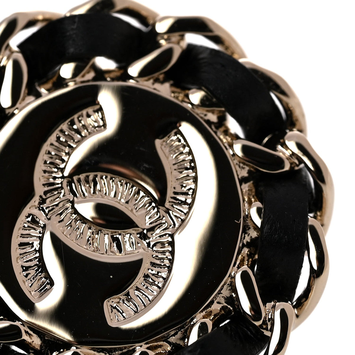 Crystal Lambskin Chain CC Stud Earrings Black Gold