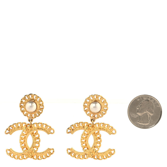 Metal Pearl CC Chain Drop Earrings Gold Main Image