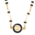 Metal Enamel Pearl CC Necklace Gold Black White