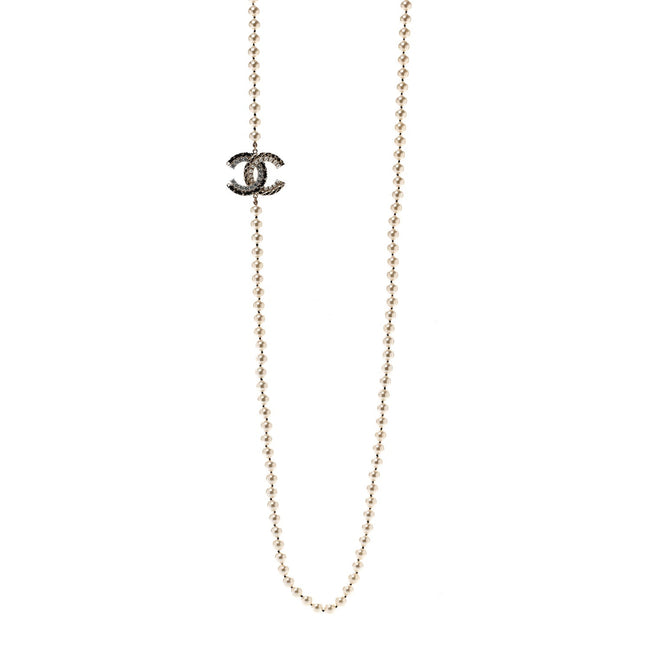 Pearl Crystal Lambskin CC Long Necklace Gold Black Hover Image